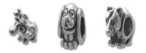 Three silver dog-shaped bead charms